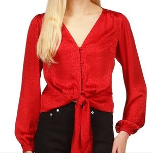 NWT MICHAEL KORS Red Animal Print Twist Front Longsleeve Button Down, XS